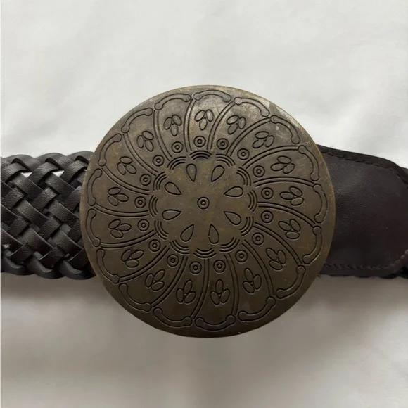 Bohemian braided leather belt with statement metal circle buckle (size OS) - Picture 4 of 8